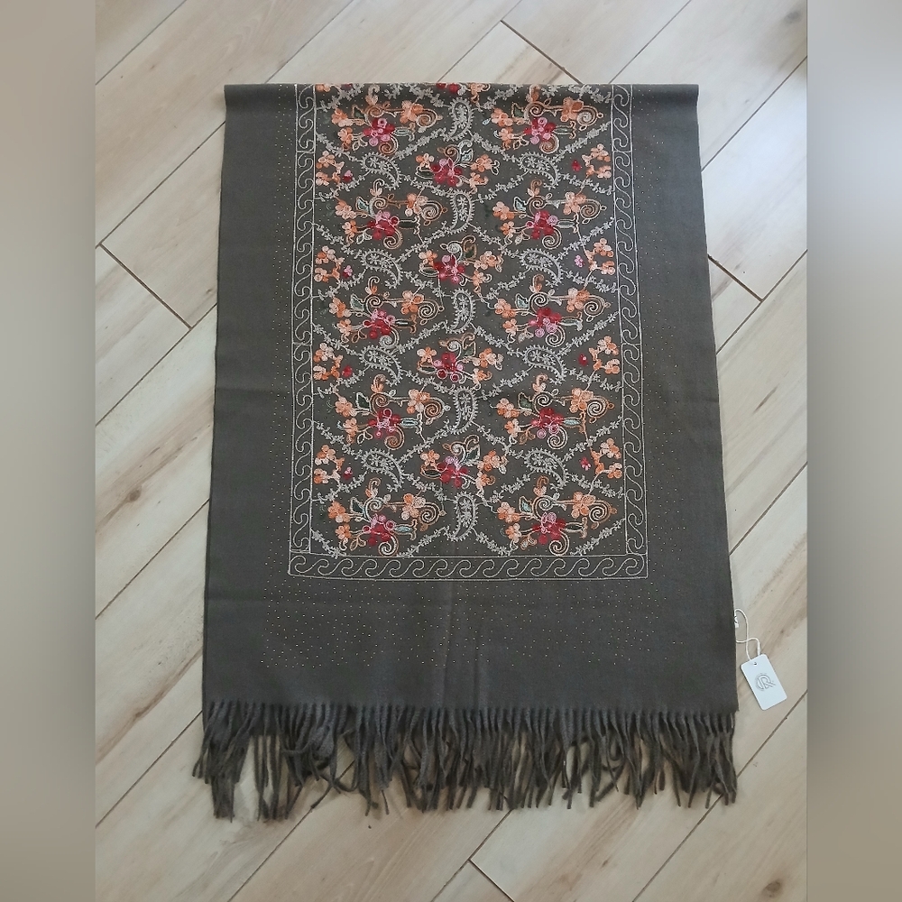 NWT Hand Embroidered Garden Rhinestone Scarf 78 x 27 Khaki Soft Cashmere Feel